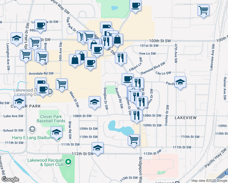 map of restaurants, bars, coffee shops, grocery stores, and more near 10506 Russell Road Southwest in Lakewood