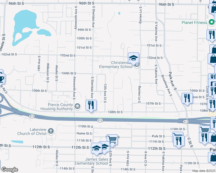 map of restaurants, bars, coffee shops, grocery stores, and more near 10427 12th Avenue Court South in Tacoma