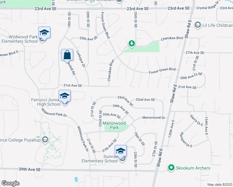 map of restaurants, bars, coffee shops, grocery stores, and more near 2303 33rd Avenue Southeast in Puyallup