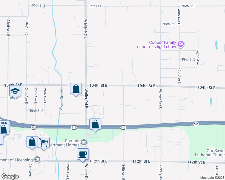 map of restaurants, bars, coffee shops, grocery stores, and more near 3218 104th Street East in Tacoma