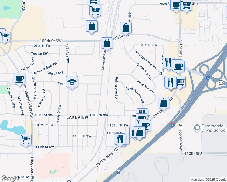 map of restaurants, bars, coffee shops, grocery stores, and more near 10518 Rainier Avenue Southwest in Lakewood