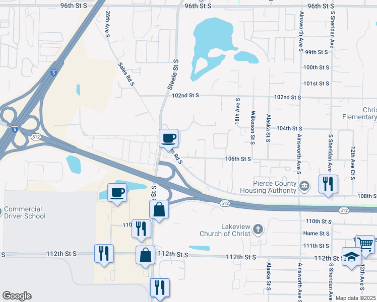 map of restaurants, bars, coffee shops, grocery stores, and more near 2015 106th Street South in Tacoma