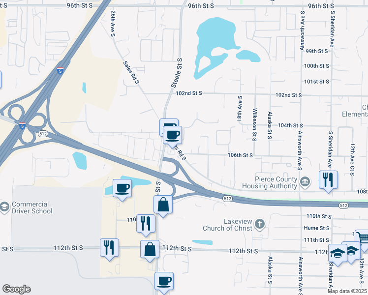 map of restaurants, bars, coffee shops, grocery stores, and more near 10439 Sales Road South in Tacoma