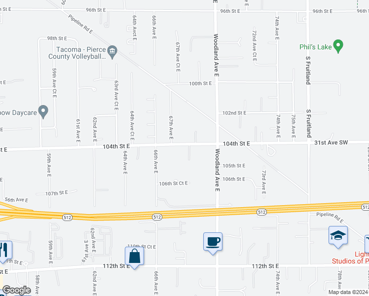 map of restaurants, bars, coffee shops, grocery stores, and more near 10402 68th Avenue Court East in Puyallup