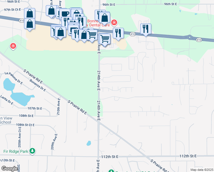 map of restaurants, bars, coffee shops, grocery stores, and more near 21418 104th Street Court East in Bonney Lake