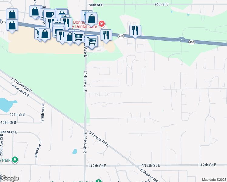 map of restaurants, bars, coffee shops, grocery stores, and more near 21618 104th Street Court East in Bonney Lake