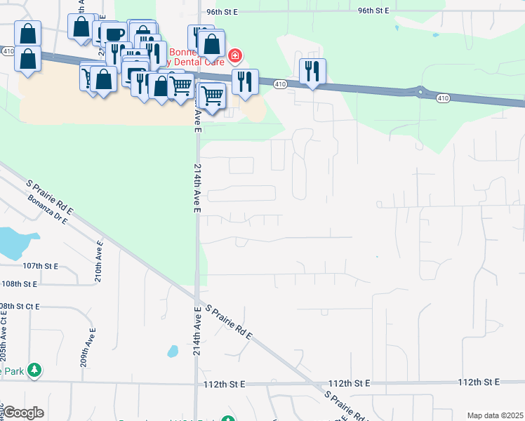 map of restaurants, bars, coffee shops, grocery stores, and more near 21618 104th Street Court East in Bonney Lake