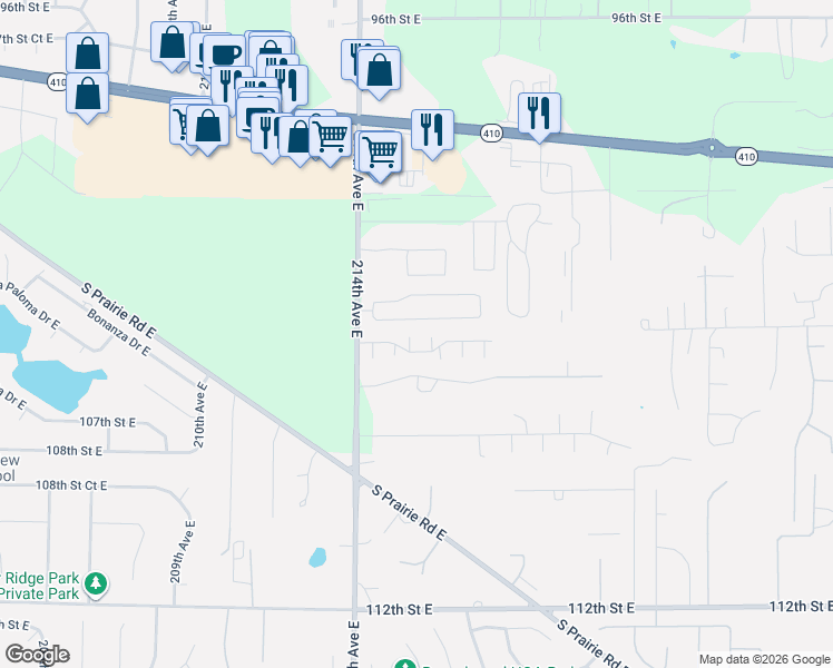 map of restaurants, bars, coffee shops, grocery stores, and more near 21510 104th Street Court East in Bonney Lake