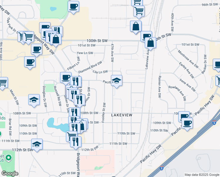 map of restaurants, bars, coffee shops, grocery stores, and more near 10501 Freiday Street Southwest in Tacoma