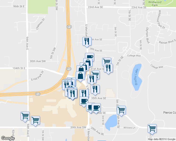 map of restaurants, bars, coffee shops, grocery stores, and more near 3750 South Meridian in Puyallup