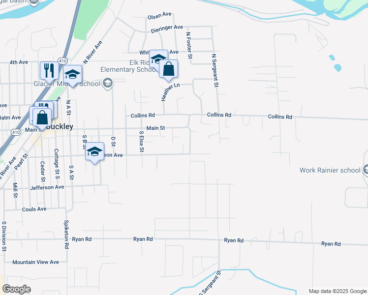 map of restaurants, bars, coffee shops, grocery stores, and more near 1490 East Mason Avenue in Buckley