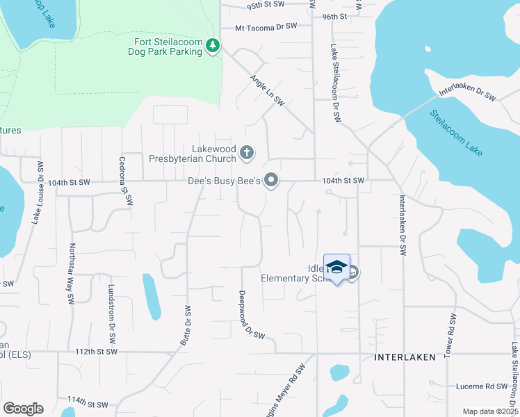 map of restaurants, bars, coffee shops, grocery stores, and more near 10441 Delwood Drive Southwest in Tacoma