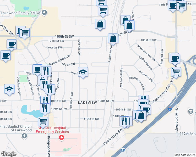 map of restaurants, bars, coffee shops, grocery stores, and more near 10411 Kline Street Southwest in Lakewood