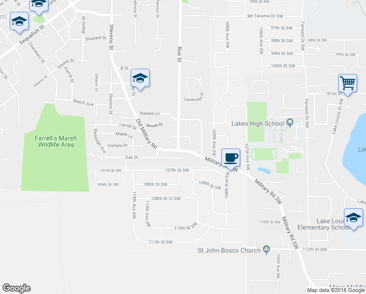map of restaurants, bars, coffee shops, grocery stores, and more near 2708 Oxford Court in Steilacoom