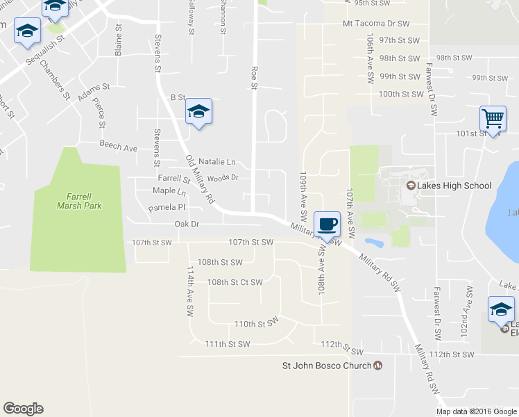 map of restaurants, bars, coffee shops, grocery stores, and more near 2708 Oxford Court in Steilacoom