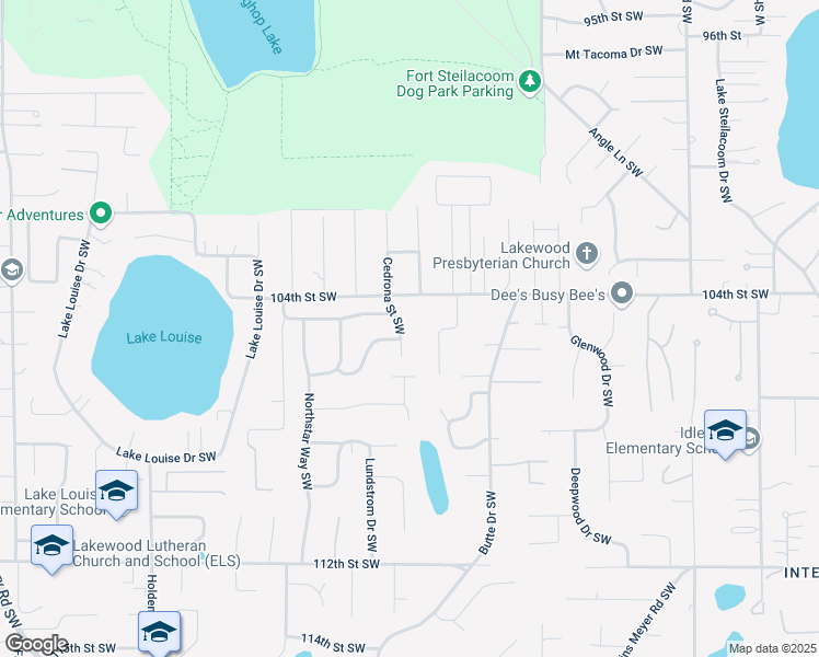 map of restaurants, bars, coffee shops, grocery stores, and more near 10510 Cedrona Street Southwest in Tacoma