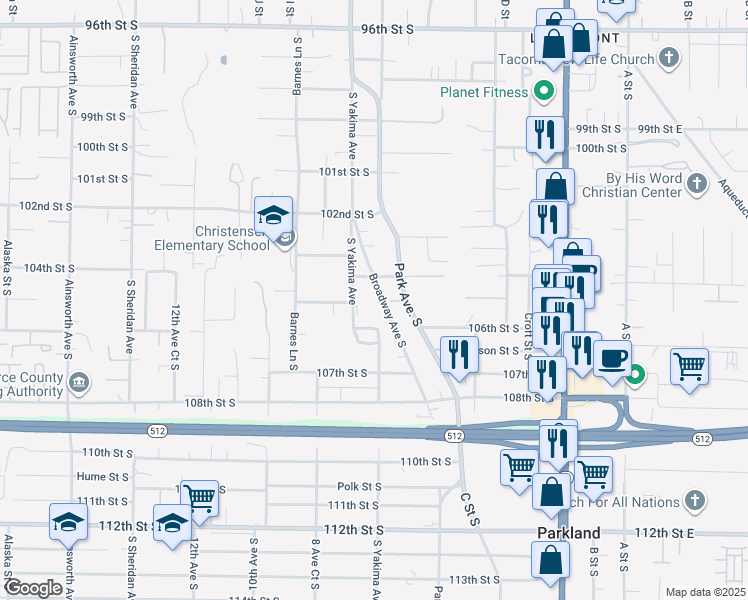 map of restaurants, bars, coffee shops, grocery stores, and more near 729 106th Street South in Tacoma