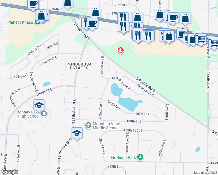 map of restaurants, bars, coffee shops, grocery stores, and more near 10402 203rd Avenue East in Sumner
