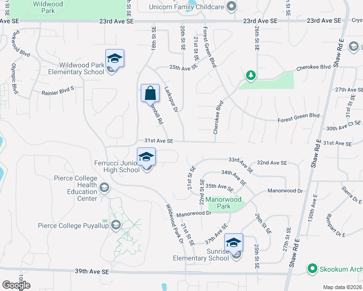 map of restaurants, bars, coffee shops, grocery stores, and more near 3202 21st Street Place Southeast in Puyallup