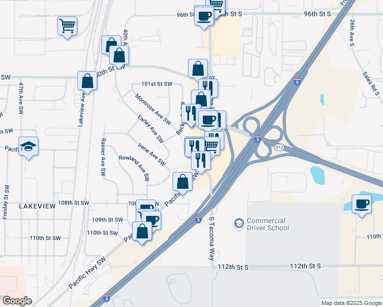 map of restaurants, bars, coffee shops, grocery stores, and more near 10507 Montrose Avenue Southwest in Tacoma