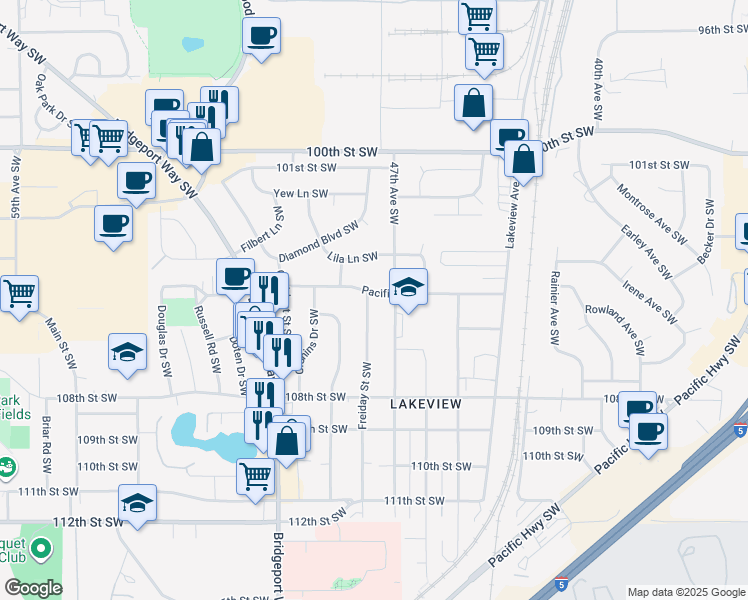 map of restaurants, bars, coffee shops, grocery stores, and more near 4801 Pacific Street Southwest in Tacoma