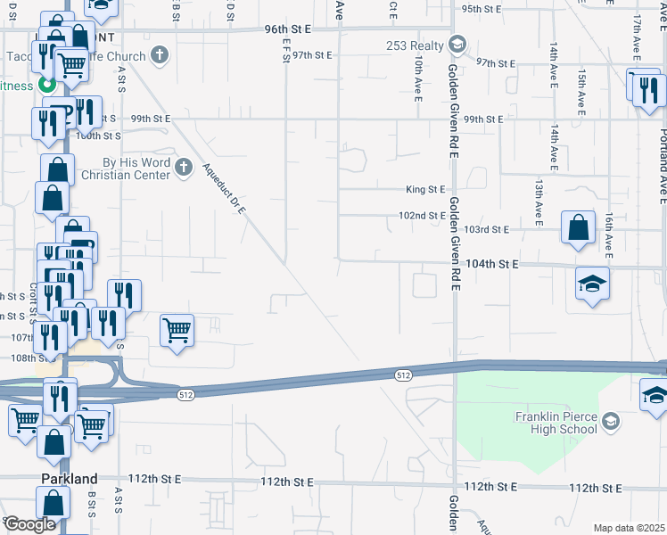 map of restaurants, bars, coffee shops, grocery stores, and more near 10307 McKinley Avenue East in Tacoma