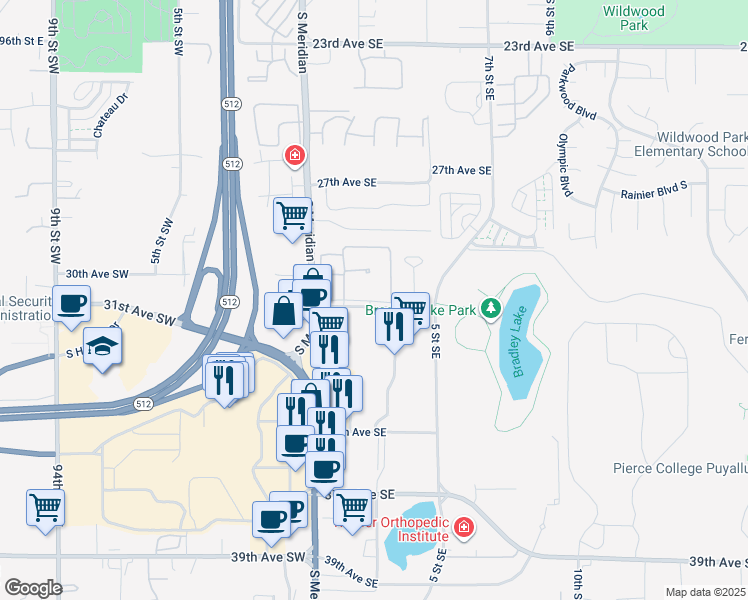 map of restaurants, bars, coffee shops, grocery stores, and more near 2923 South Meridian in Puyallup