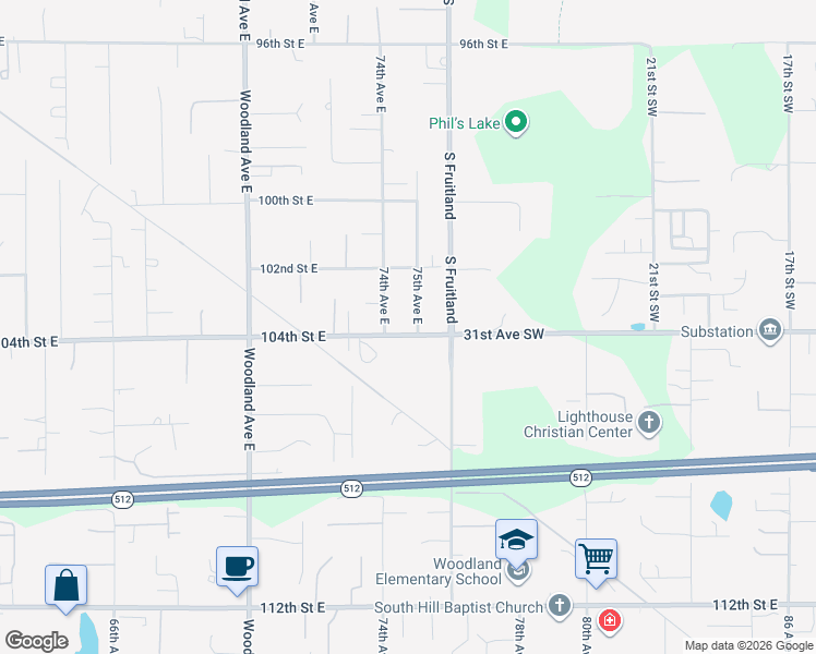 map of restaurants, bars, coffee shops, grocery stores, and more near 10320 75th Avenue East in Puyallup