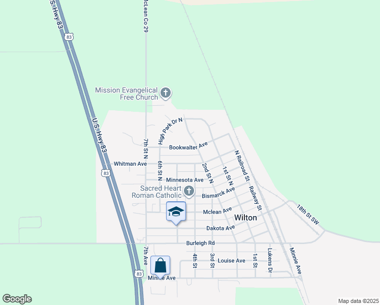 map of restaurants, bars, coffee shops, grocery stores, and more near 601 2nd Street North in Wilton