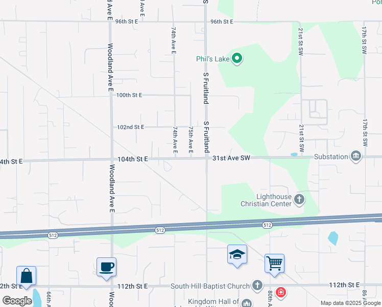 map of restaurants, bars, coffee shops, grocery stores, and more near 10318 75th Avenue East in Puyallup
