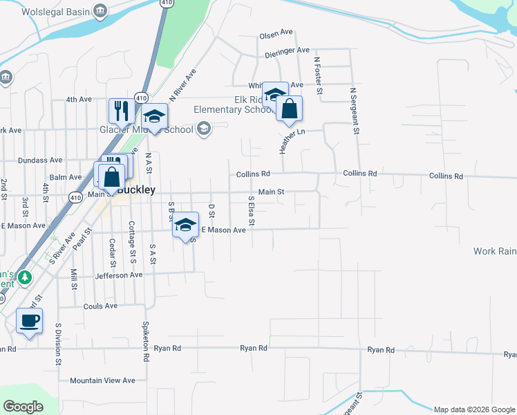 map of restaurants, bars, coffee shops, grocery stores, and more near 1415 Main Street in Buckley
