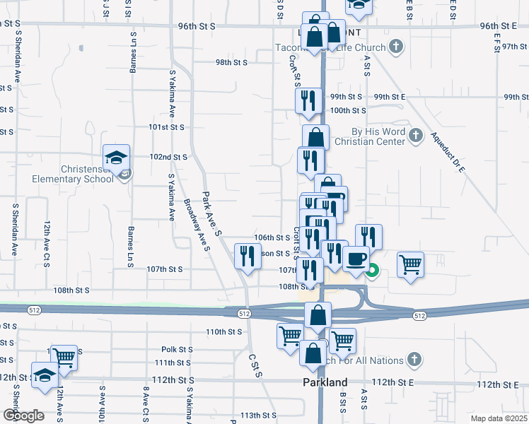 map of restaurants, bars, coffee shops, grocery stores, and more near 10238 Patterson Street South in Tacoma