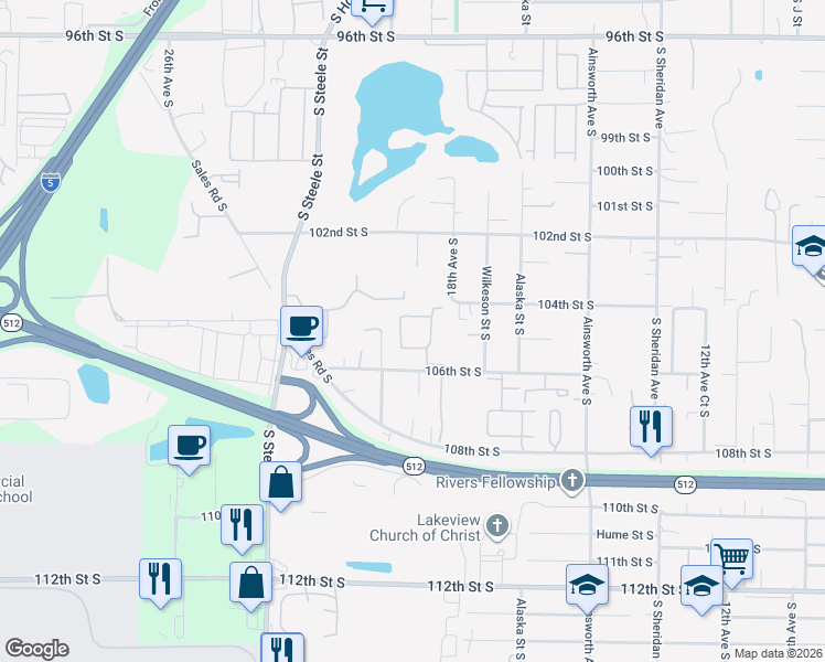map of restaurants, bars, coffee shops, grocery stores, and more near 1903 104th Street South in Tacoma