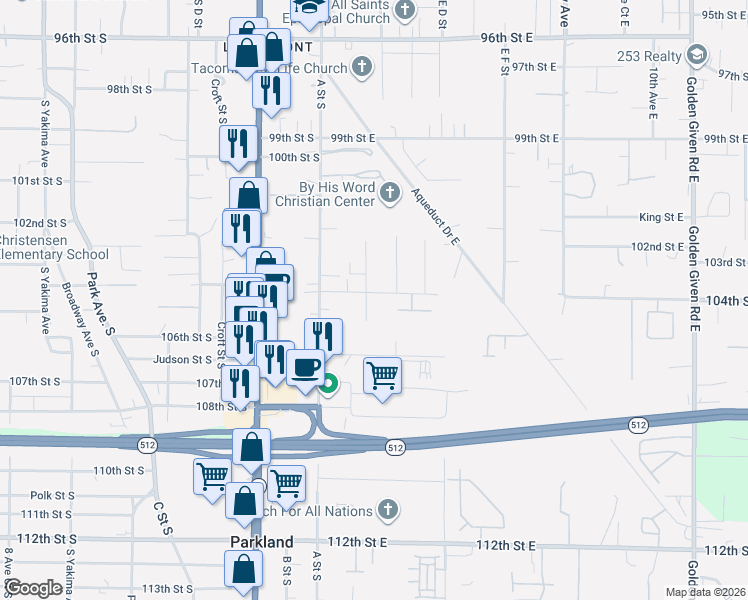 map of restaurants, bars, coffee shops, grocery stores, and more near 10320 C Street East in Tacoma