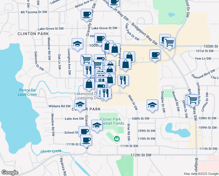 map of restaurants, bars, coffee shops, grocery stores, and more near 10330 59th Avenue Southwest in Lakewood