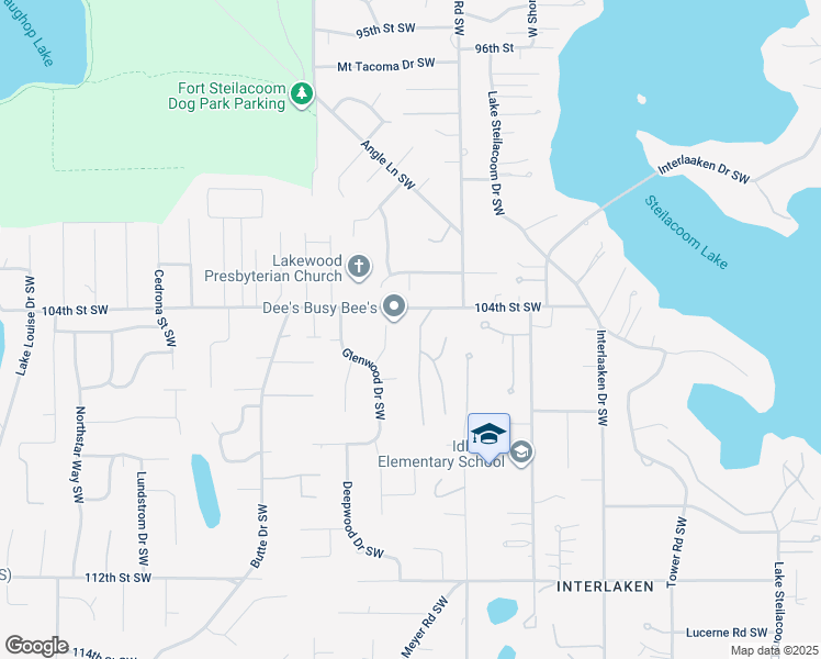 map of restaurants, bars, coffee shops, grocery stores, and more near 10407 Delwood Drive Southwest in Tacoma