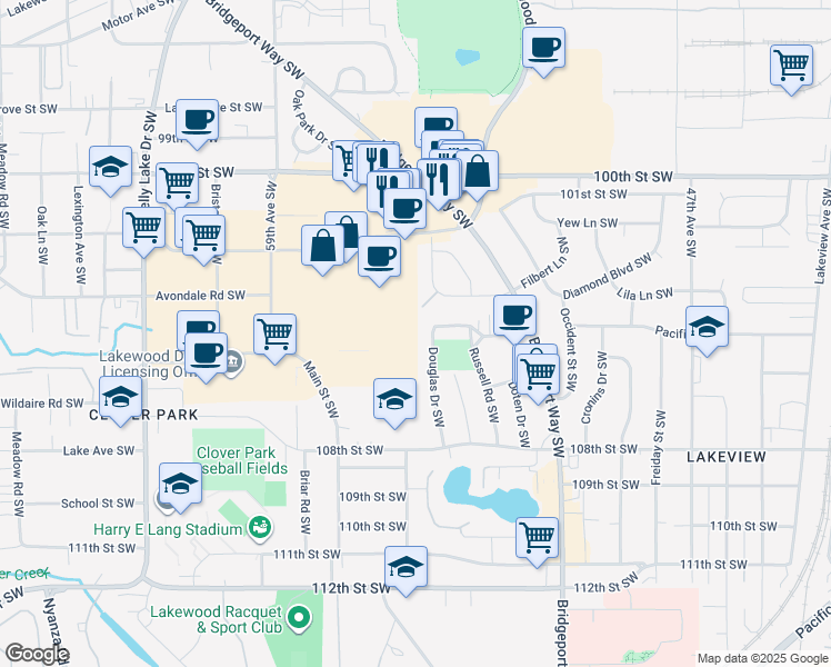 map of restaurants, bars, coffee shops, grocery stores, and more near in Lakewood