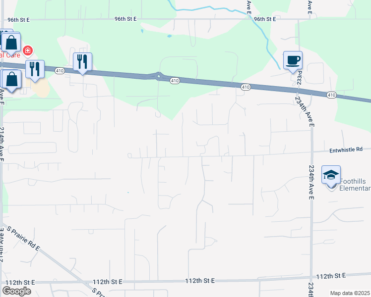 map of restaurants, bars, coffee shops, grocery stores, and more near 10309 225th Avenue Court East in Buckley