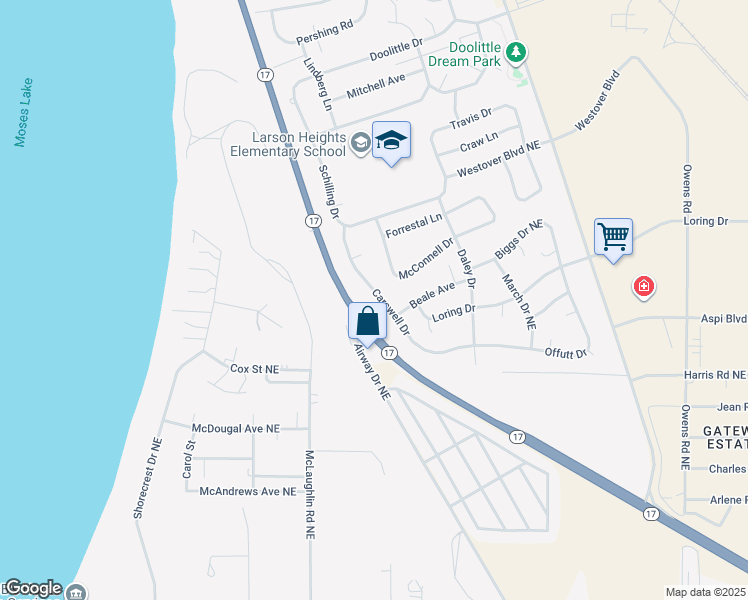 map of restaurants, bars, coffee shops, grocery stores, and more near 165 Carswell Drive in Moses Lake