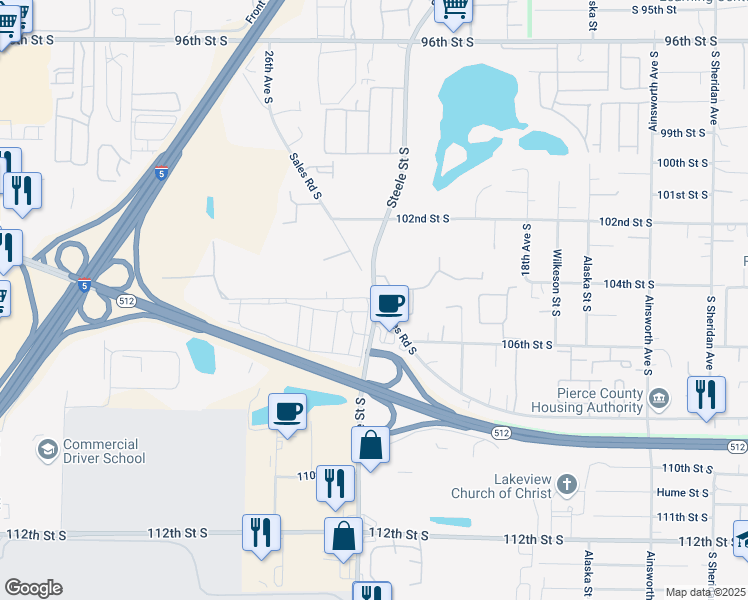 map of restaurants, bars, coffee shops, grocery stores, and more near Steele St S & 104th St Ct S in Tacoma