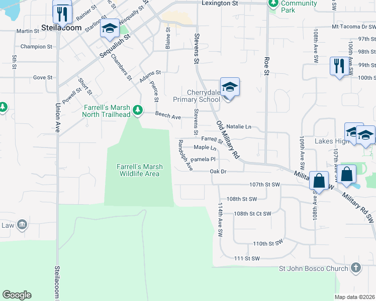 map of restaurants, bars, coffee shops, grocery stores, and more near 2309 Maple Lane in Steilacoom