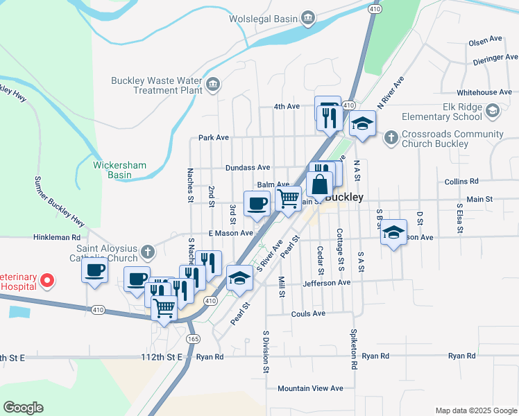 map of restaurants, bars, coffee shops, grocery stores, and more near 129 4th Street in Buckley