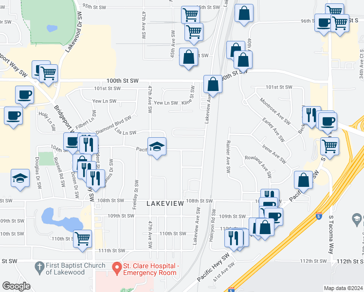 map of restaurants, bars, coffee shops, grocery stores, and more near 10304 Lakeview Avenue Southwest in Lakewood