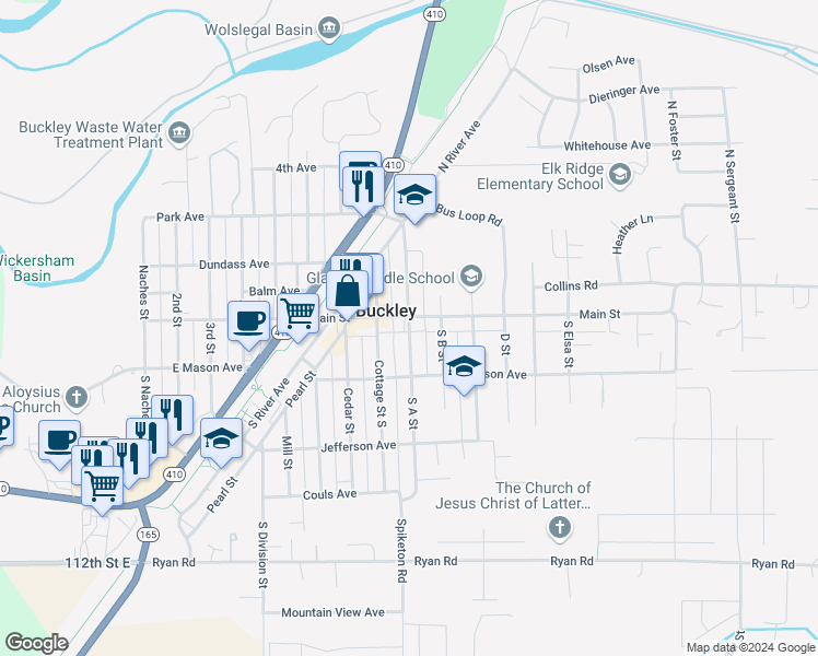 map of restaurants, bars, coffee shops, grocery stores, and more near 121 A Street South in Buckley