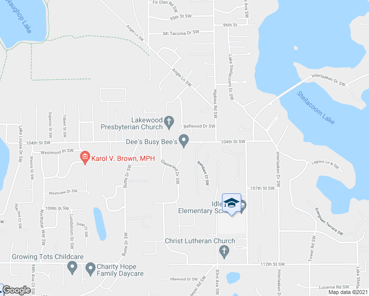 map of restaurants, bars, coffee shops, grocery stores, and more near 10407 Delwood Drive Southwest in Tacoma