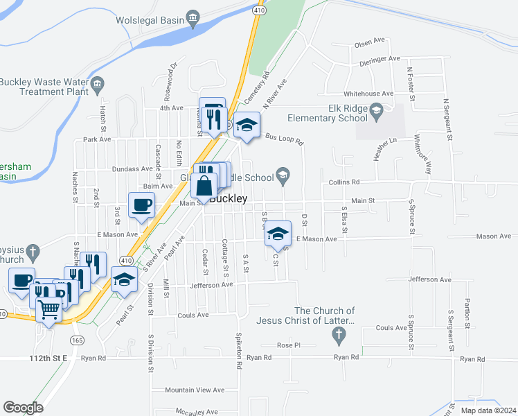 map of restaurants, bars, coffee shops, grocery stores, and more near 981 Main Street in Buckley