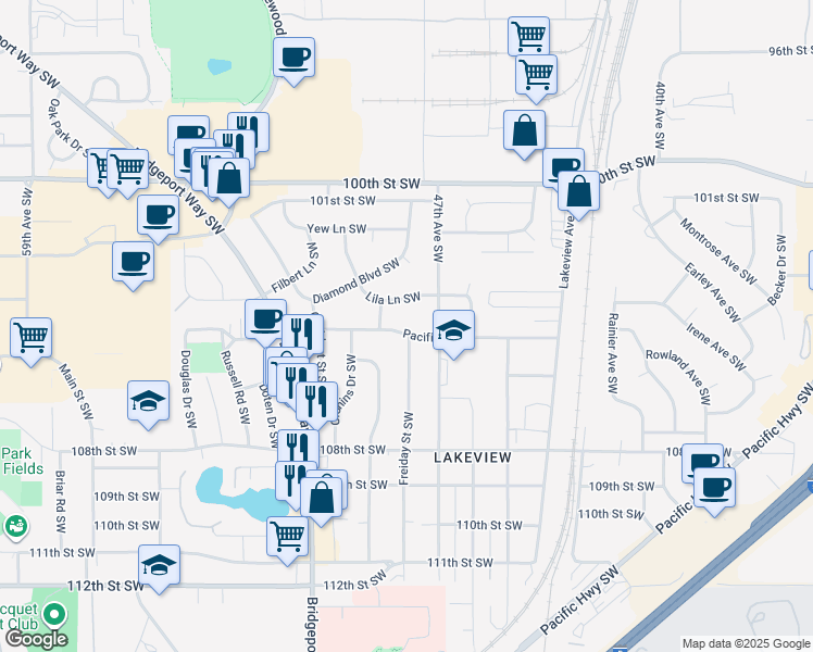map of restaurants, bars, coffee shops, grocery stores, and more near 4801 Pacific Street Southwest in Lakewood