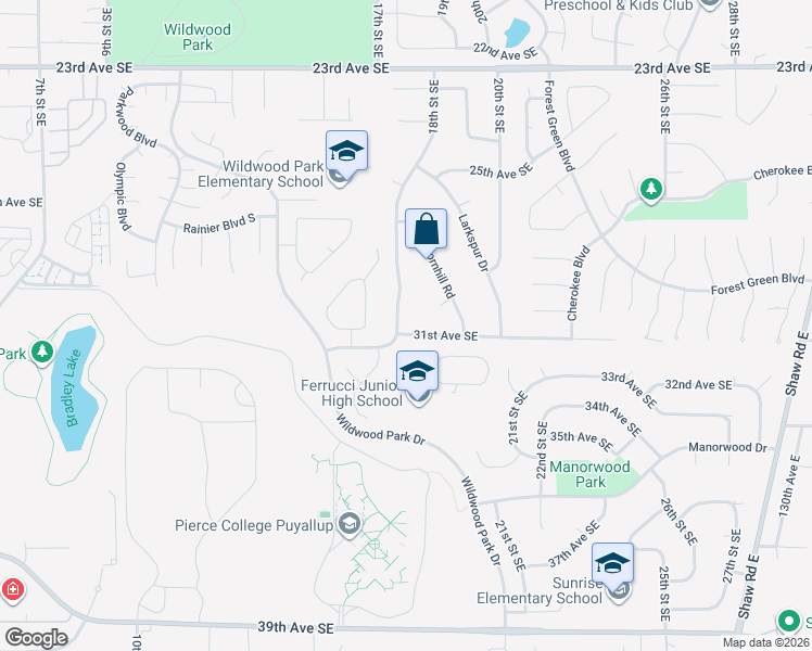 map of restaurants, bars, coffee shops, grocery stores, and more near 2911 18th Street Southeast in Puyallup