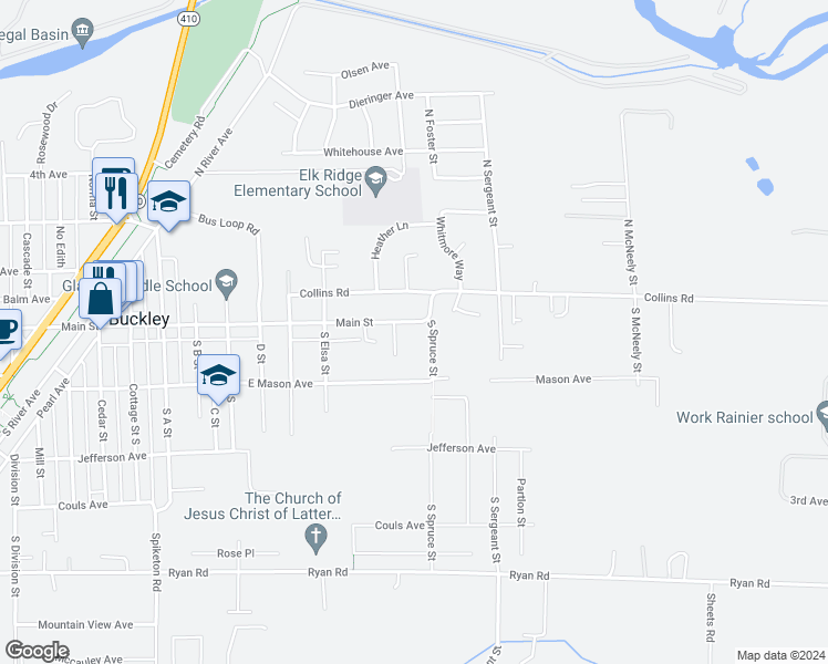 map of restaurants, bars, coffee shops, grocery stores, and more near 1487 Main Street in Buckley