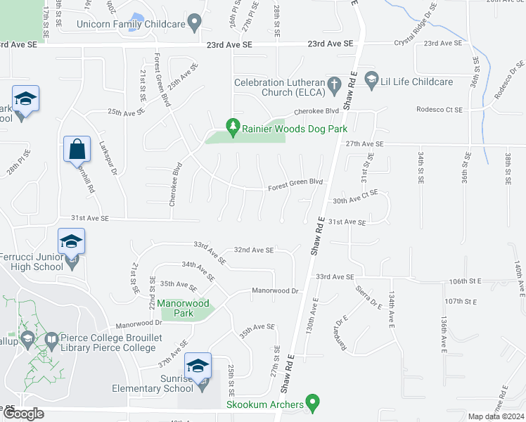 map of restaurants, bars, coffee shops, grocery stores, and more near 3007 Forest View Court South in Puyallup